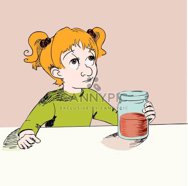 Vector illustration of cartoon girl with jam in hand - Free vector #125982