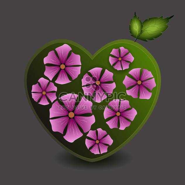 Vector illustration of green heart with purple flowers on grey background - Free vector #126012