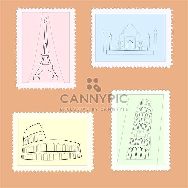 Vector illustration of travel postage stamps on brown background - vector #126252 gratis
