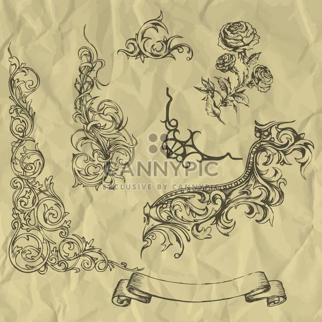 Vector vintage floral elements on crumpled paper - vector gratuit #127262 