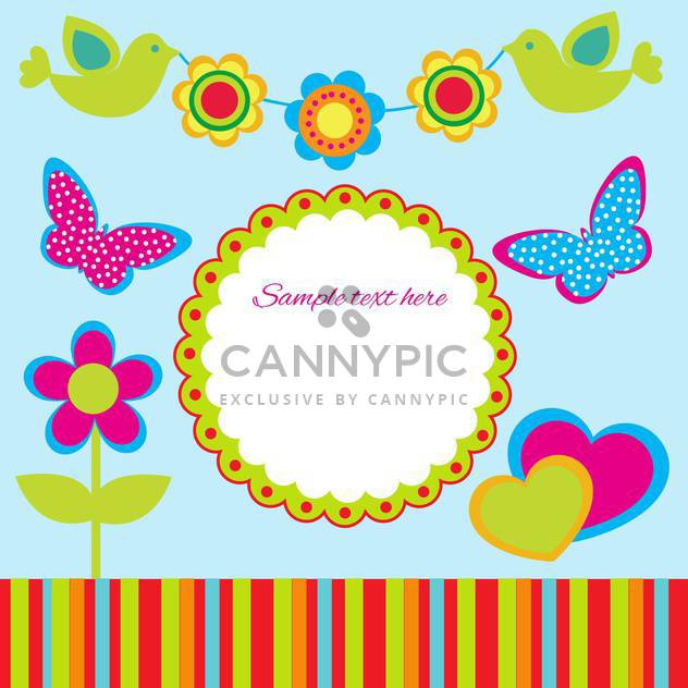 Cute spring frame design with flowers, birds and butterflies, vector illustration - бесплатный vector #128212