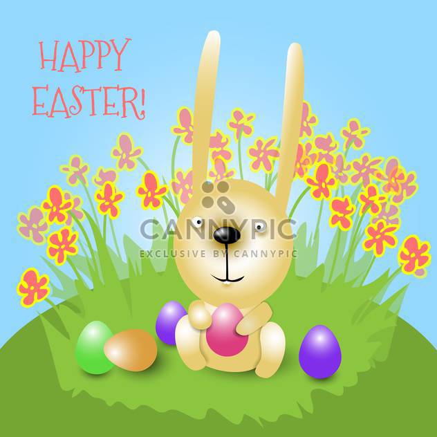 Happy Easter card with bunny holding pink egg and sitting on grass - бесплатный vector #129542