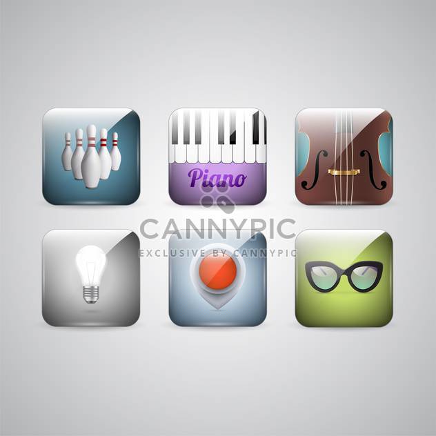 Vector set of icons of cello, piano, bowling, glasses, lamp and navigation on gray background - Kostenloses vector #129792