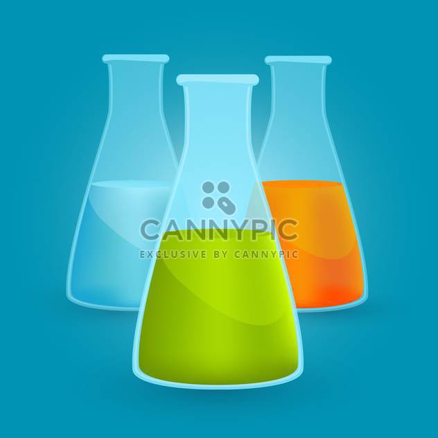 Vector illustration of three flasks with different chemical solutions on blue background - Free vector #125742