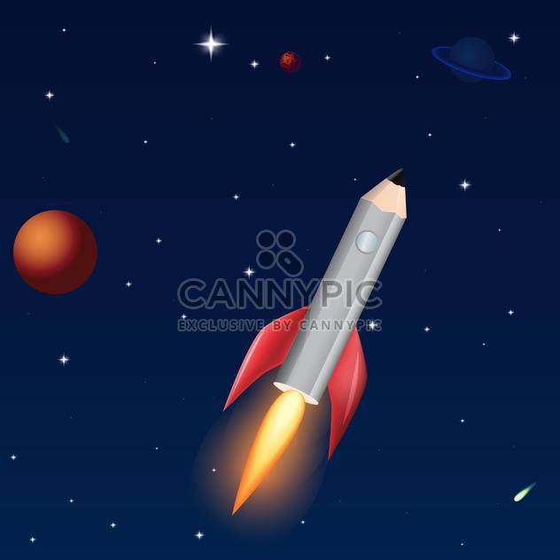 Vector illustration of pencil rocket on dark blue sky background with stars - vector gratuit #126582 