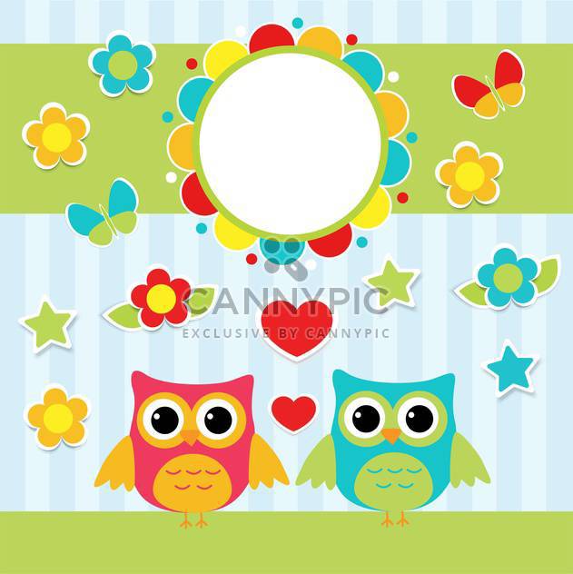 colorful illustration with cartoon couple of cute owls ans flowers - vector gratuit #127712 