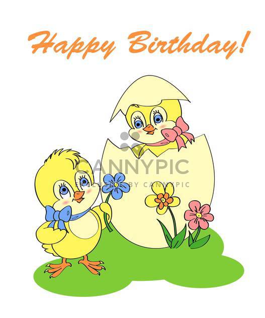 Birthday greeting card with two newborn chickens - Free vector #128312