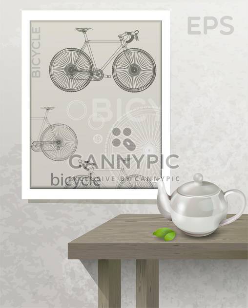 Vector illustration of table with teapot and picture with bicycle on wall - vector gratuit #129722 